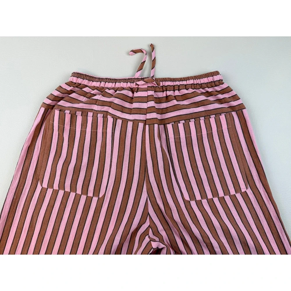 Boho Striped Wide Leg Cotton Pants Pink Brown Drawstring Medium Unbranded